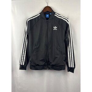 Women’s  Adidas Medium Black Windbreaker w/ White Stripes & Logo on Back
